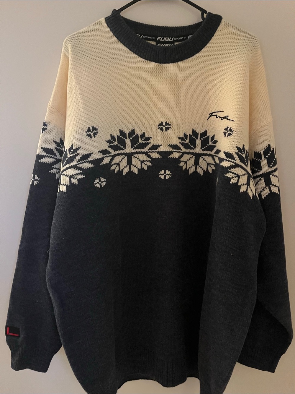 FUBU Colorblock Snowflake Knit Crewneck - Cream & Black